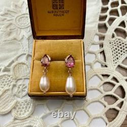 Tourmaline Perle Rose Anciennes Boucles D'oreilles Argent Massif Vermeil