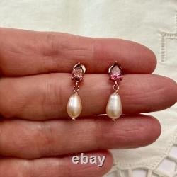 Tourmaline Perle Rose Anciennes Boucles D'oreilles Argent Massif Vermeil