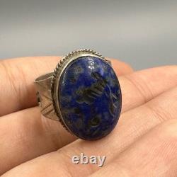 Très ancienne bague romaine ancienne en argent massif lapis-lazuli avec