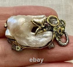 Unique Perle Baroque, Argent, Or, Rare Broche Ancienne Unique Créateur