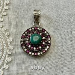 VERITABLE EMERAUDE, RUBIS, TOPAZE, ANCIEN PENDENTIF En ARGENT Et VERMEIL