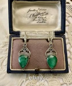 Véritable Émeraude Argent Ouvragé, Anciennes Boucles D'oreilles Véritable Émeraude Argent Ouvragé, Anciennes Boucles D'oreilles