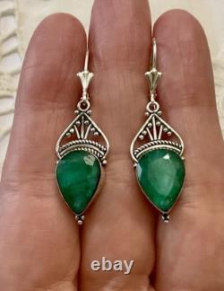 Véritable Émeraude Argent Ouvragé, Anciennes Boucles D'oreilles
