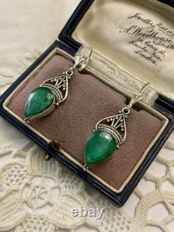 Véritable Émeraude Argent Ouvragé, Anciennes Boucles D'oreilles