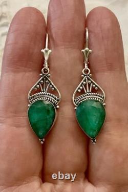 Véritable Émeraude Argent Ouvragé, Anciennes Boucles D'oreilles