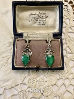 Véritable Émeraude Argent Ouvragé, Anciennes Boucles D'oreilles