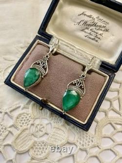 Véritable Émeraude Argent Ouvragé, Anciennes Boucles D'oreilles
