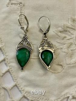 Véritable Émeraude Argent Ouvragé, Anciennes Boucles D'oreilles