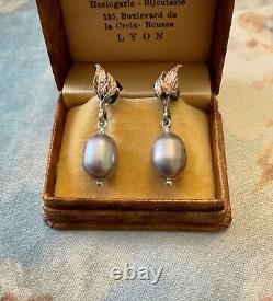 Véritable Perle Grise, Argent Massif, Or Rose, Boucles D'oreilles Anciennes