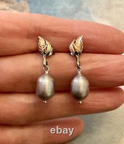 Véritable Perle Grise, Argent Massif, Or Rose, Boucles D'oreilles Anciennes