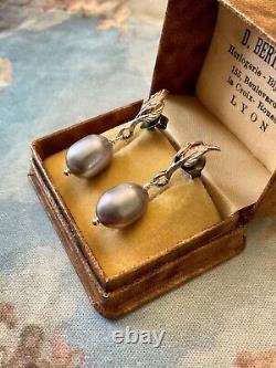 Véritable Perle Grise, Argent Massif, Or Rose, Boucles D'oreilles Anciennes