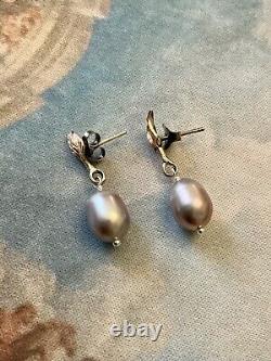 Véritable Perle Grise, Argent Massif, Or Rose, Boucles D'oreilles Anciennes