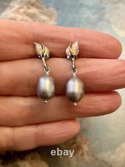 Véritable Perle Grise, Argent Massif, Or Rose, Boucles D'oreilles Anciennes