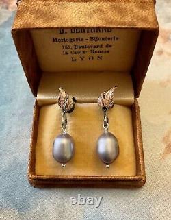 Véritable Perle Grise, Argent Massif, Or Rose, Boucles D'oreilles Anciennes