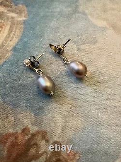 Véritable Perle Grise, Argent Massif, Or Rose, Boucles D'oreilles Anciennes